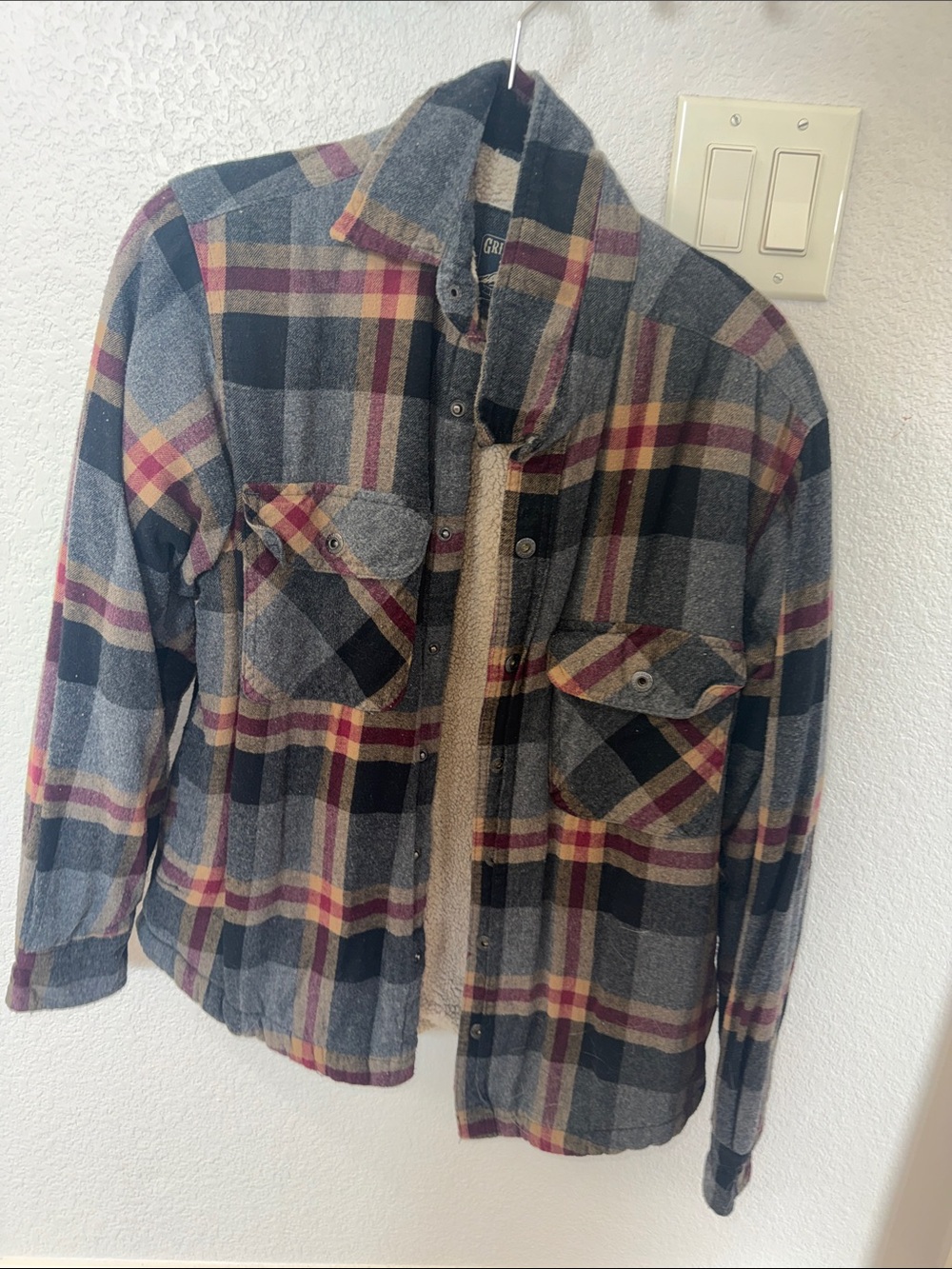 Cozy Plaid Sherpa-Lined Button-Up Jacket - Gray, Black & Burgundy